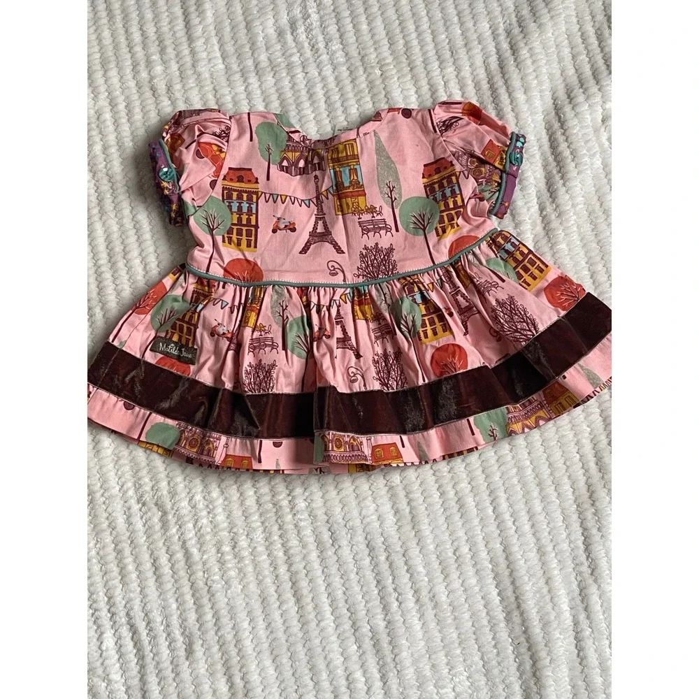 Matilda Jane Baby Girls Paris Eiffel Tower Pink Velvet Trim Dress 12M NWT T1501